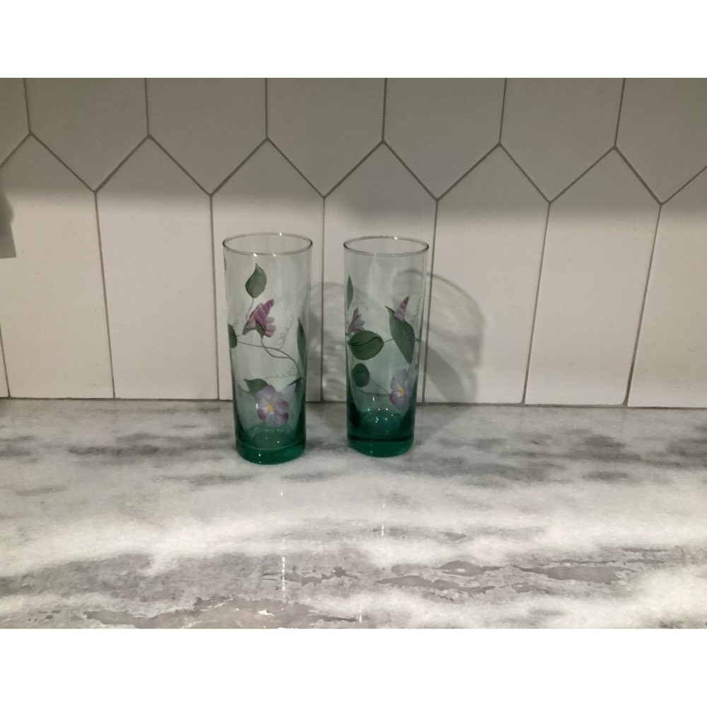 Vintage Fenton Signed  2 Hand Painted Green‎ Floral Highball Tumblers Glasses